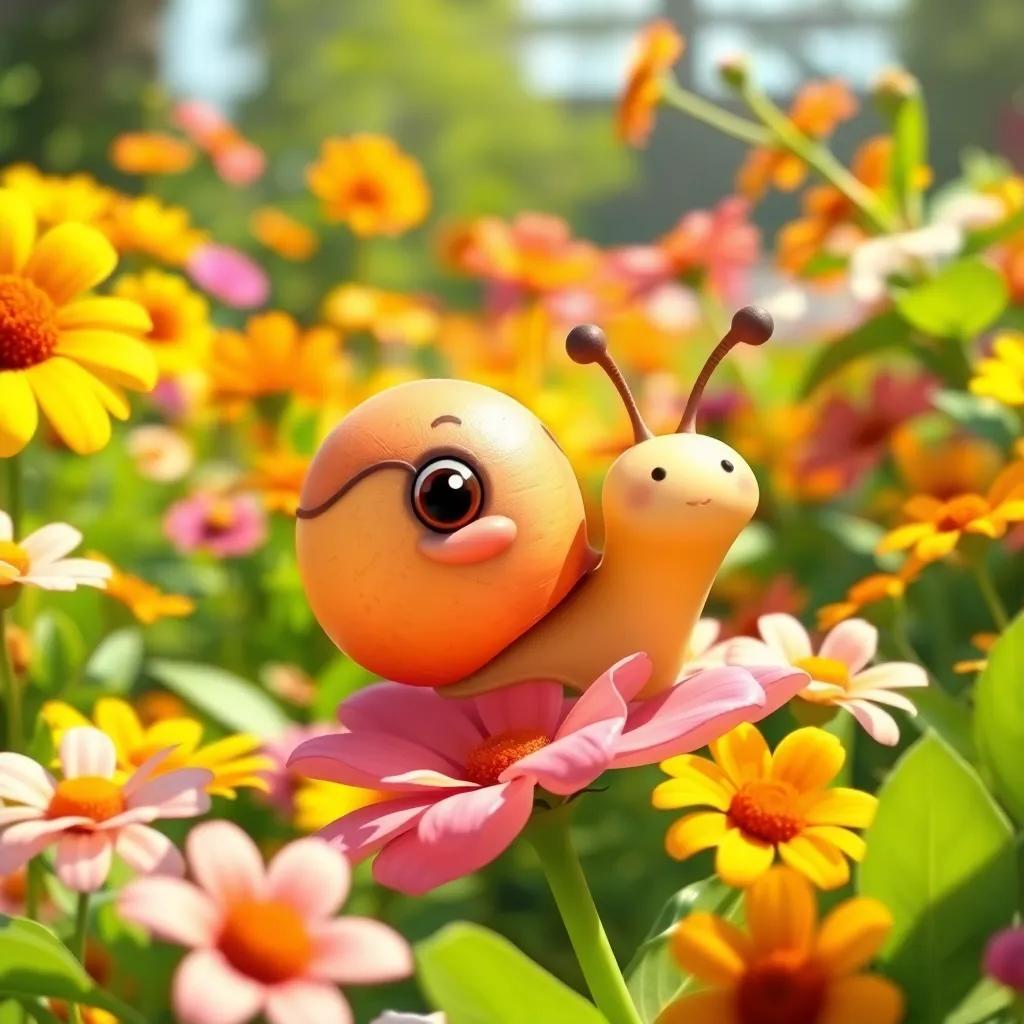 A small snail named Carlos, a cute cartoon snail with a bright and colorful shell, crawling on a flower in a sunny garden, surrounded by bright flowers and green leaves, cheerful atmosphere, digital art, vibrant colors, inviting scenery, high quality