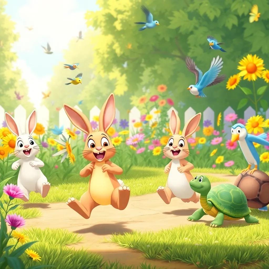 A race scene in a sunny garden, rabbits hopping, turtles walking, and birds singing, colorful flowers in the background, all animals excited for the race, illustration, joyful, community event, child-friendly