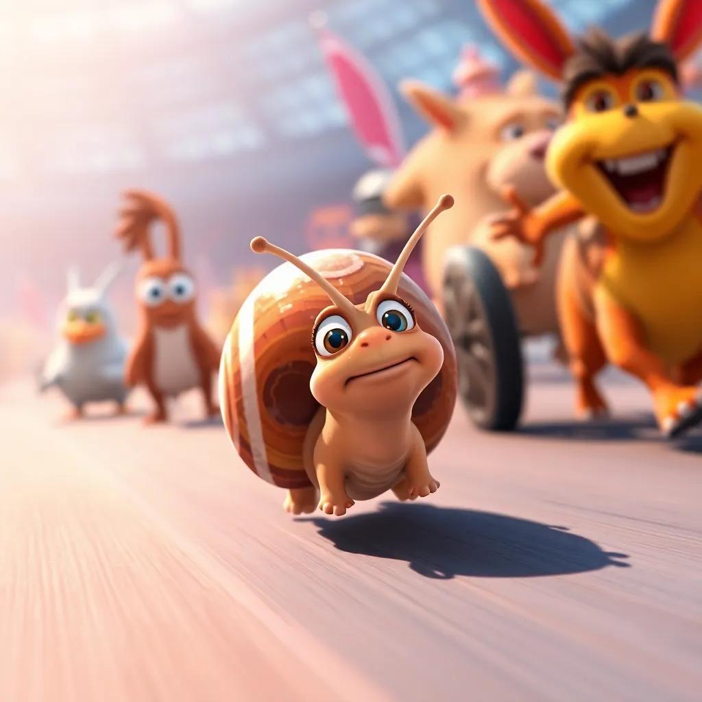 Carlos, the small snail with a shiny shell, slowly moving during the race, with determination in his eyes, while other animals zoom past him, digital painting, bright, energetic, motivational