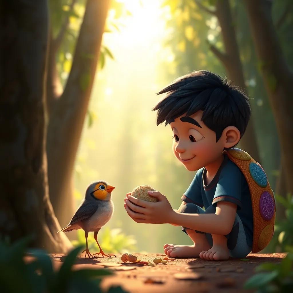 Carlos helping a small bird, who is injured, protecting him with his colorful shell, sunlight filtering through the trees, warm and caring atmosphere, storytelling view, heartwarming