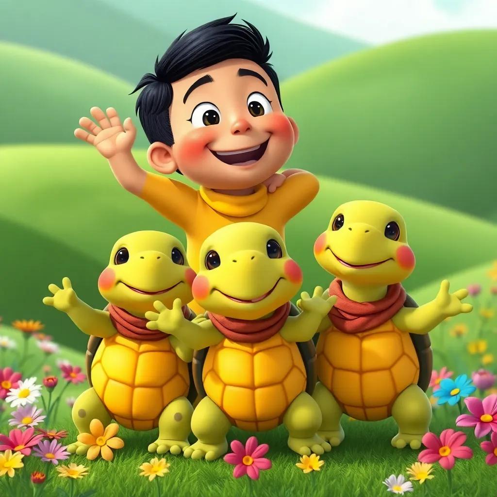 Carlos supporting his turtle friends, encouraging them with a smile and enthusiasm, green hills in the background, colorful flowers around them, illustration, uplifting, friendship theme
