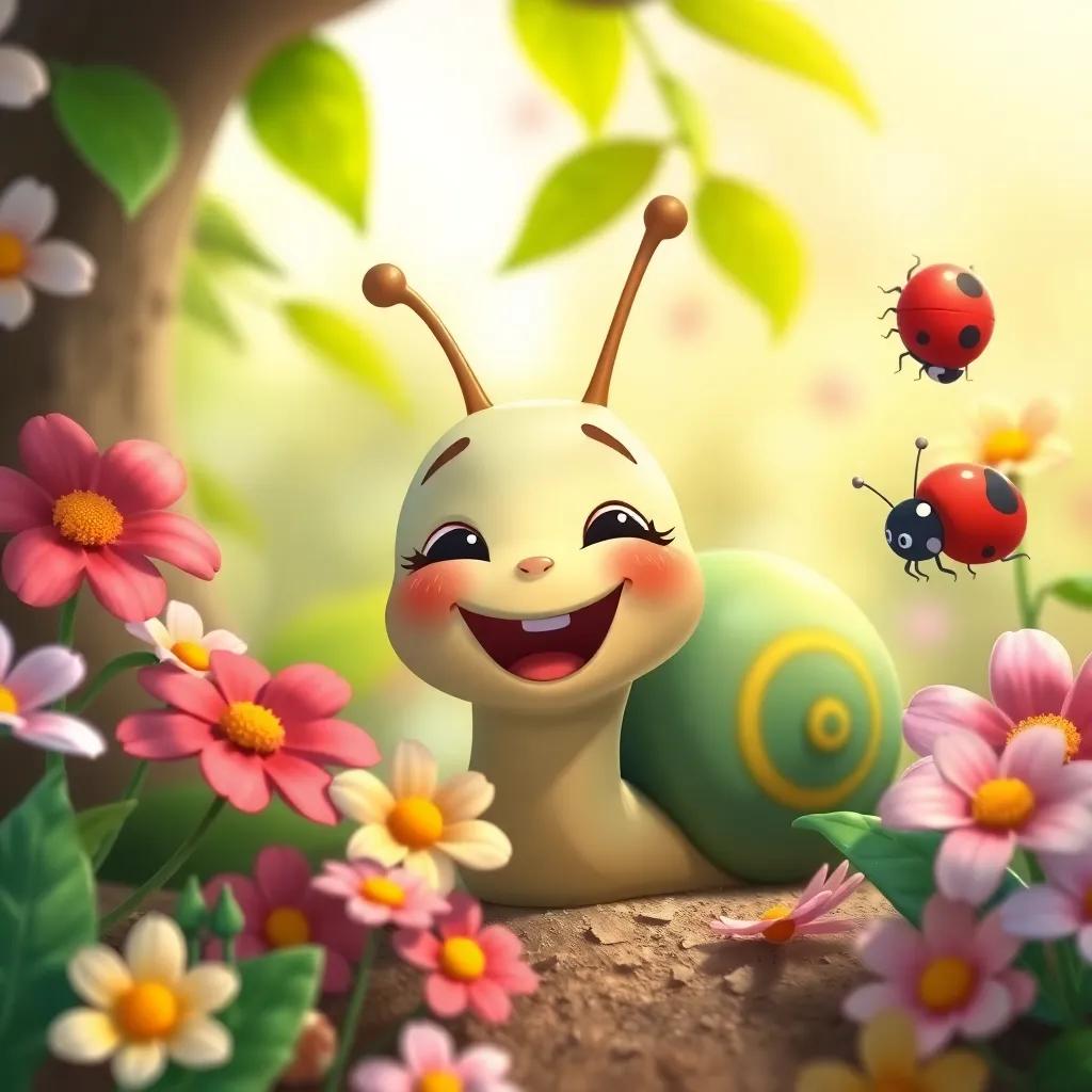 Carlitos the little snail with a joyful expression, surrounded by flowers and a friendly ladybug, singing songs together, bright green leaves nearby, illustration, cheerful and friendly, engaging perspective, colorful scenery