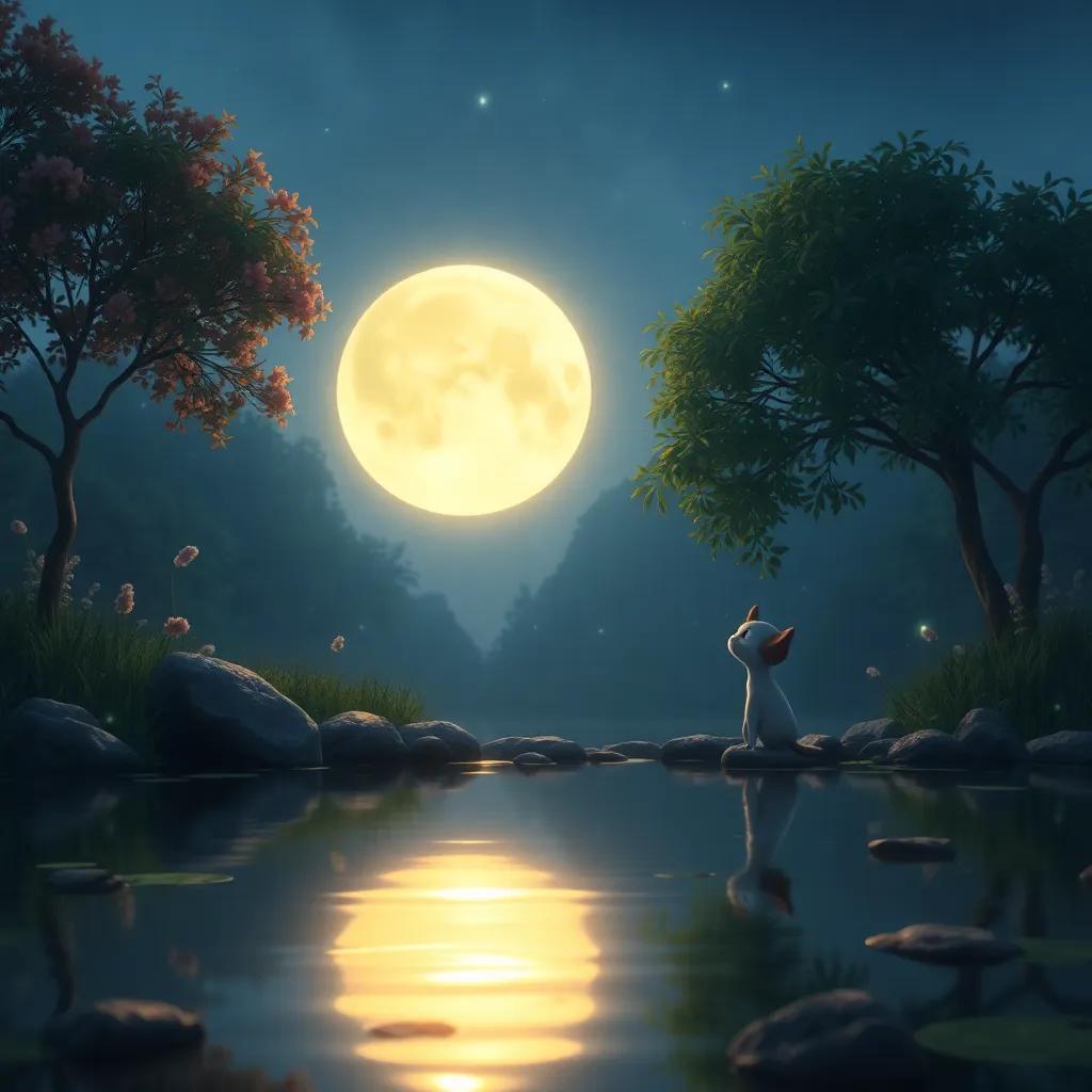 A beautiful pond with the moon's reflection, Carlitos looking at it thoughtfully, soft light illuminating the water, a calming atmosphere, digital painting, dreamy quality, evocative