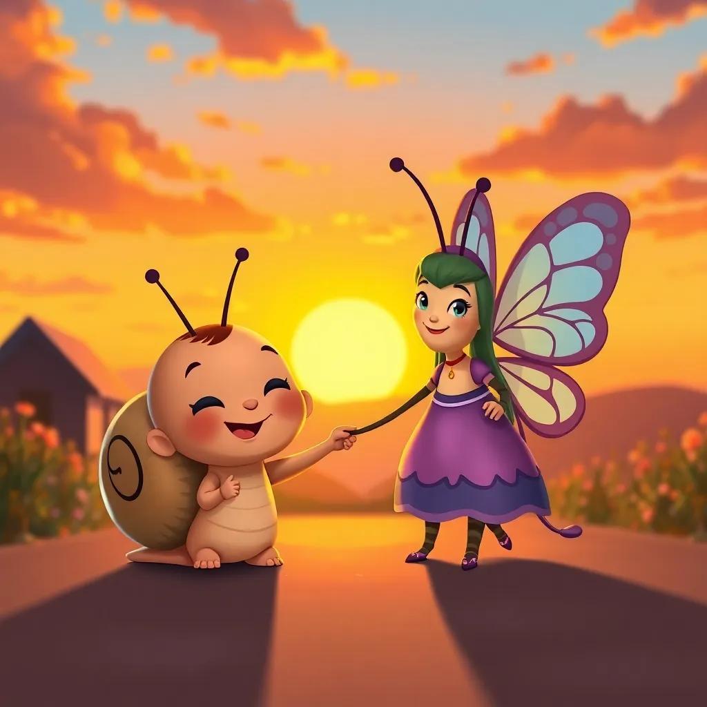 Carlitos the little snail and Sofia the butterfly happily returning home together, a sunset backdrop painting the sky in warm colors, smiles on their faces, sweet atmosphere, heartwarming scene, rich colors, joyful expression