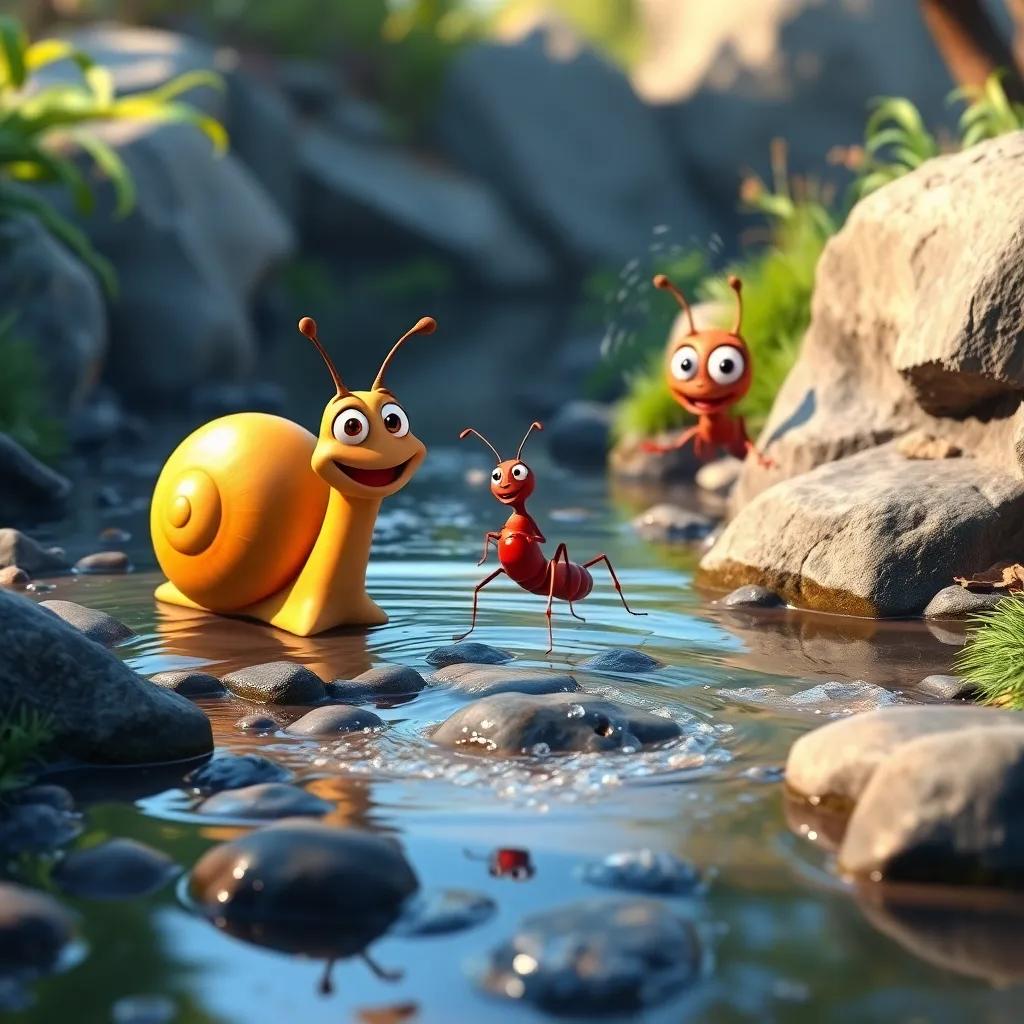 Carlos the snail and Ana the ant crossing a small river, a happy ant with a red body and white spots, surrounded by singing water, bright colors, adventurous scene, joyful perspective, digital art