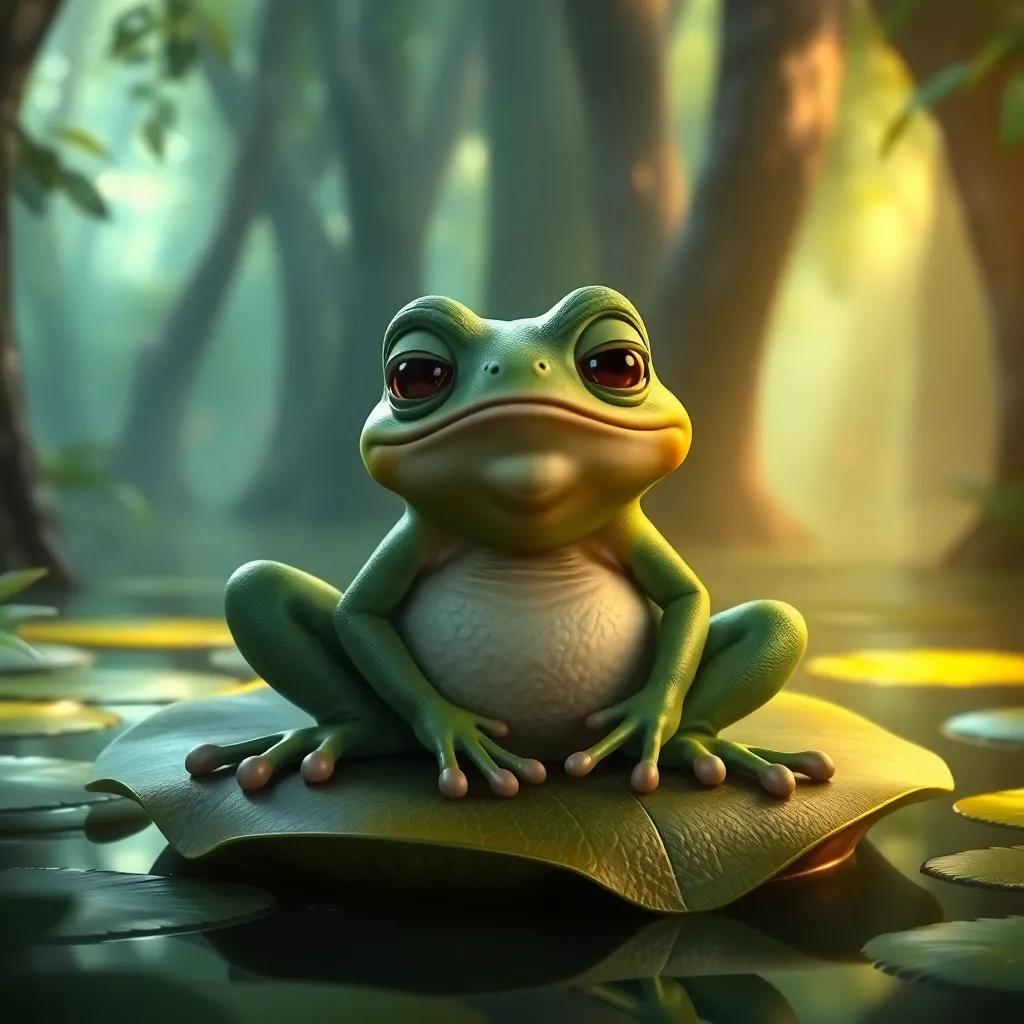 Don Ramón the frog sitting on a lily pad, an old frog with green skin, wise eyes, in a enchanted forest, mystical light, rich greens, warm, inviting atmosphere, storytelling style