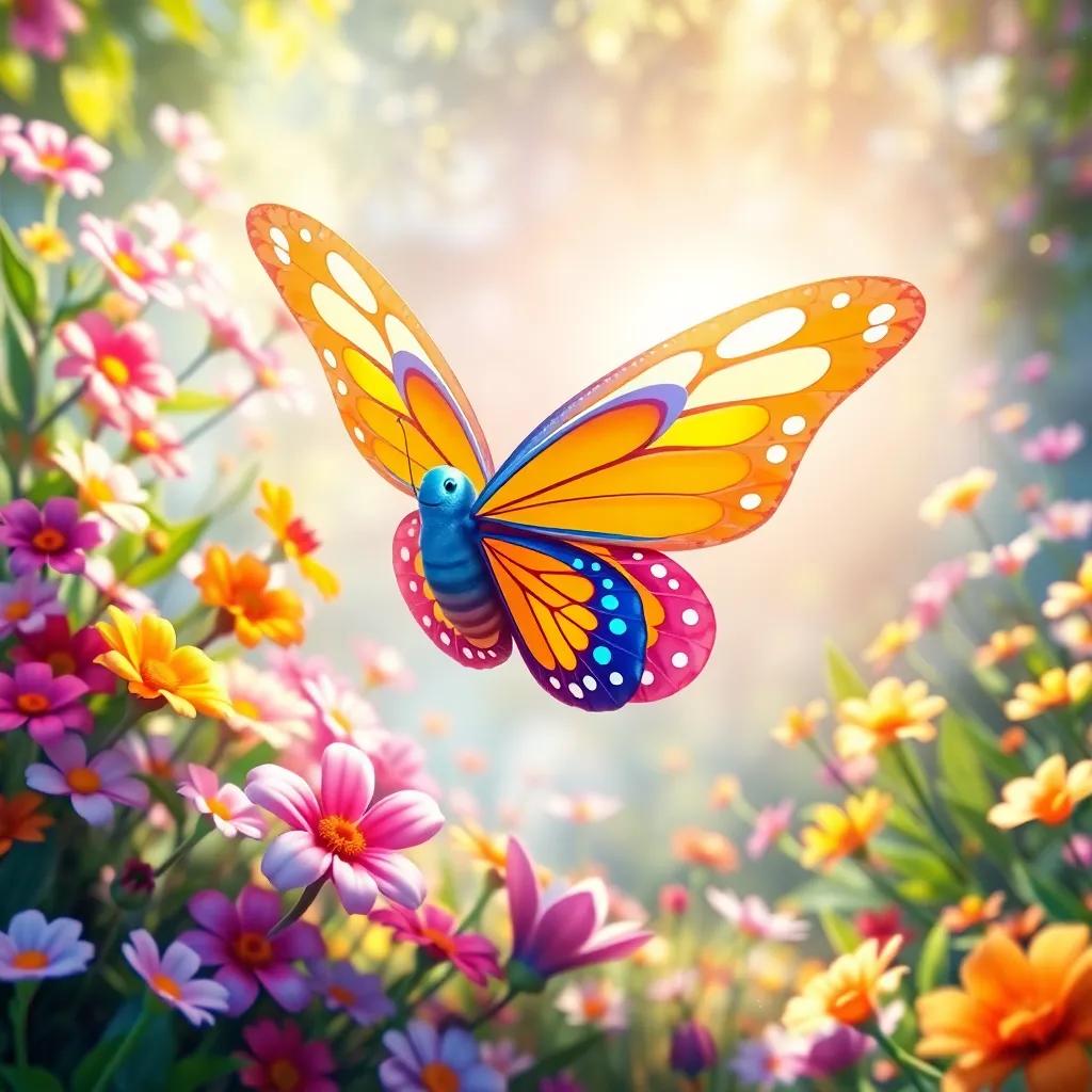 Lía the butterfly dancing in the magical garden, a colorful butterfly with blue and orange wings, surrounded by flowers of all colors, bright sunlight, cheerful, fantasy-themed, high-quality