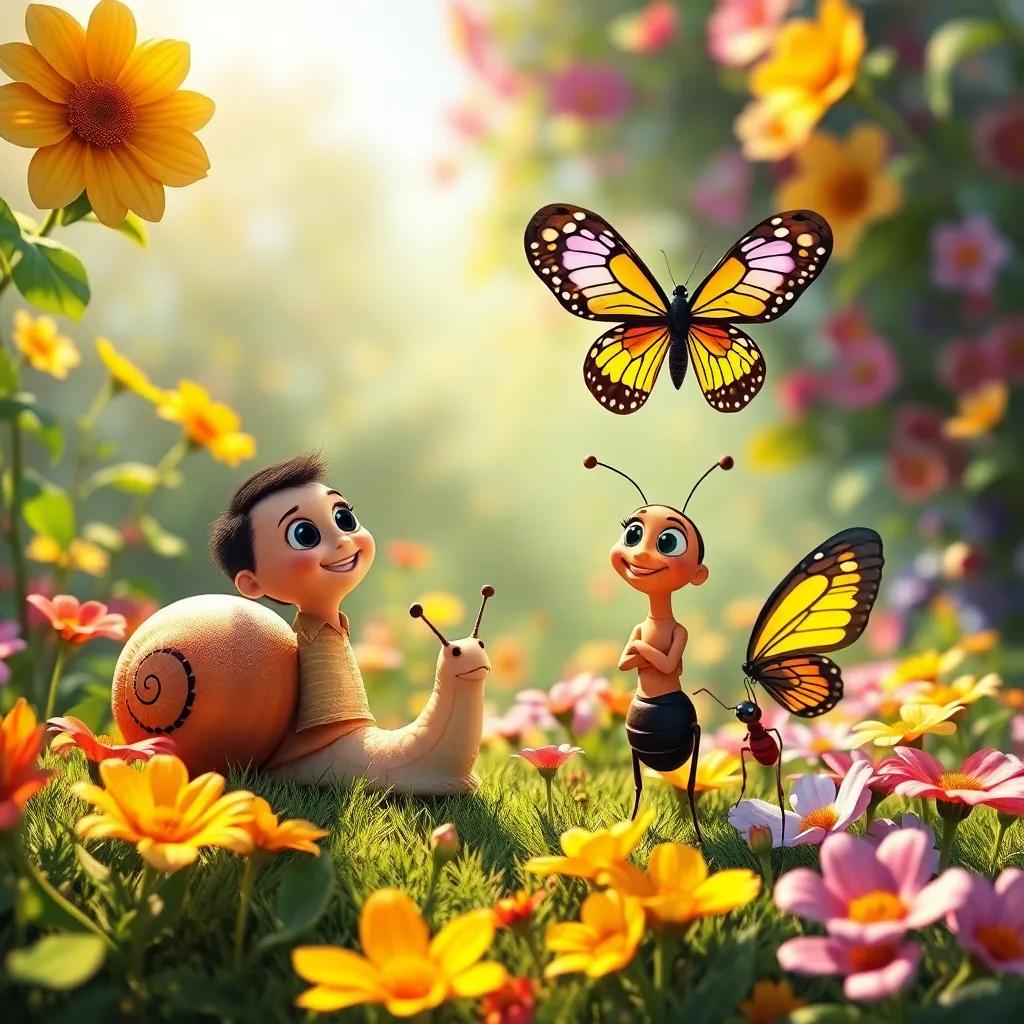 Carlos the snail, Ana the ant, and Lía the butterfly enjoying the magical garden, a joyful scene with flowers and sunlight, vibrant colors, heartwarming, uplifting view, colorful composition