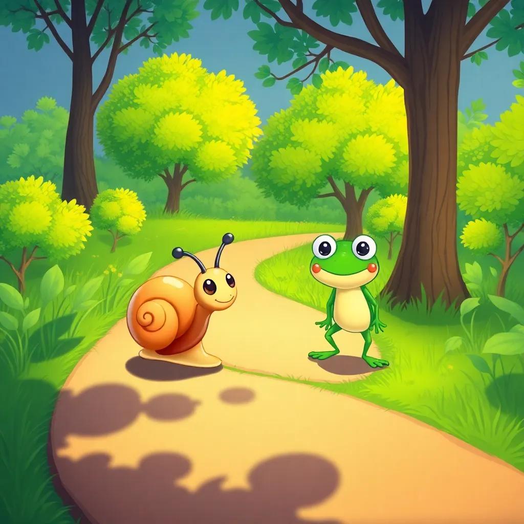 Cipi, the small snail with a shiny shell, walking down a winding path, meeting a jumping frog named Riri, with bright green trees around them, cheerful illustration, bright colors, friendly vibe