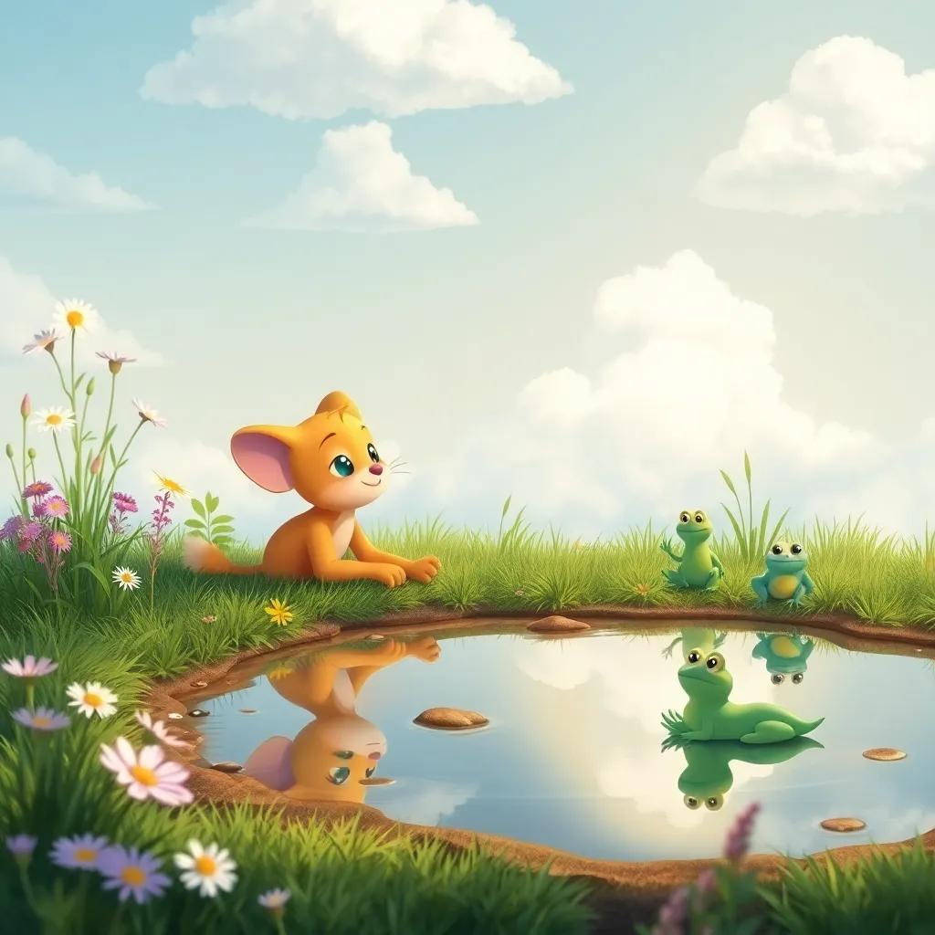 Cipi relaxing by a puddle, watching clouds reflect in the water, surrounded by flowers and grass, with Riri the frog playing nearby, peaceful scenery, soft light, nature-themed illustration