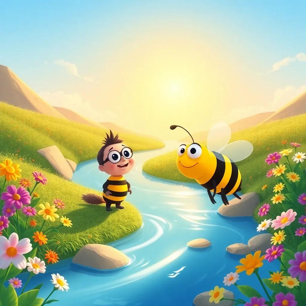 The river shining under the sun, with Cipi arriving on its banks, meeting a busy bee named Bea, with blooming flowers in various colors, bright and colorful, joyful atmosphere, engaging illustration