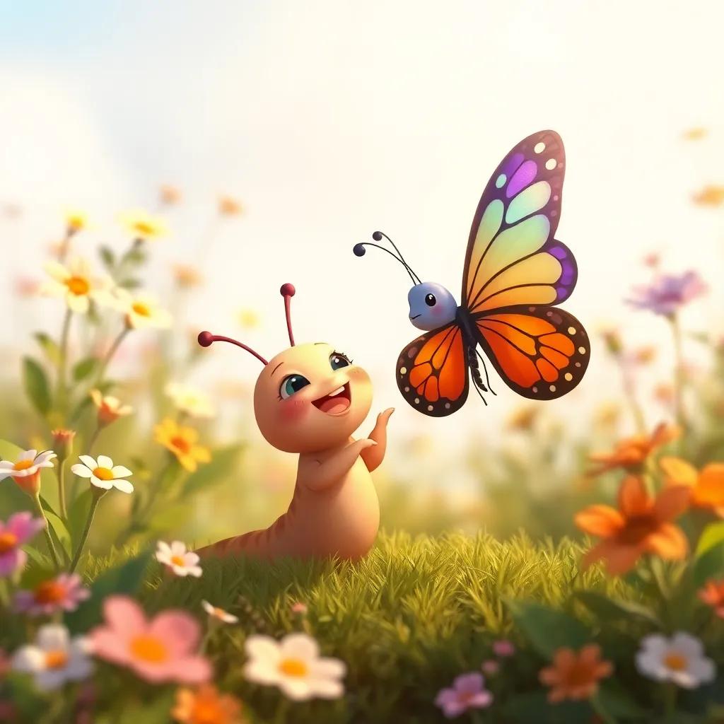 Cipi the small snail, with Lila the colorful butterfly, celebrating their reunion in the garden, surrounded by flowers swaying in the breeze, heartwarming scene, warm colors, cheerful and nostalgic feeling