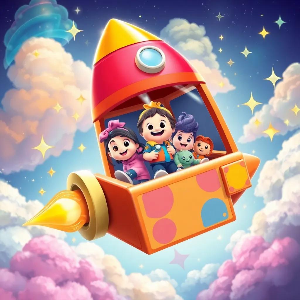 Coqui the toy rocket flying in a brightly colored spaceship made of boxes, with Lila, Pipo, and Riki inside, surrounded by sparkling stars and colorful clouds, exciting adventure scene, detailed illustration, lively colors, high quality