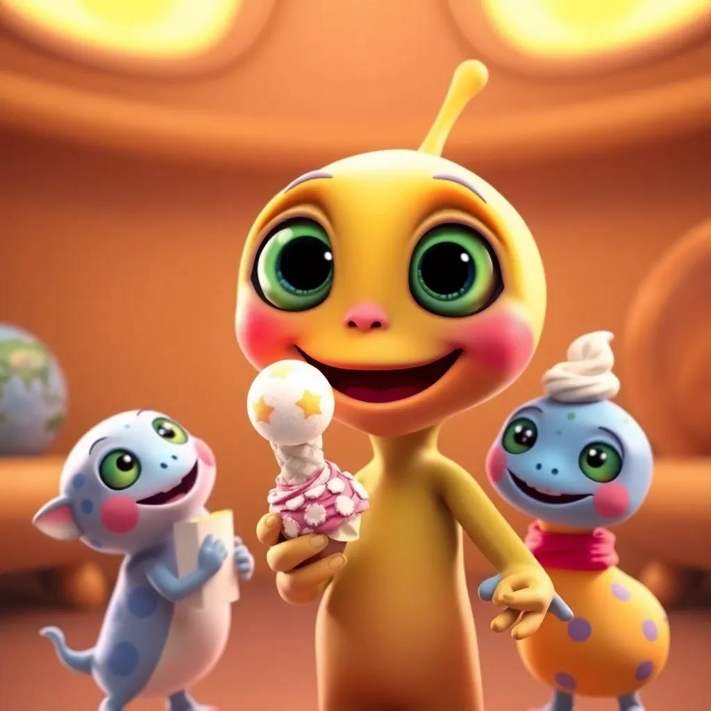 A friendly alien named Zop, with big eyes and a smile, showing Coqui and friends his ice cream and star planet, joyful atmosphere, whimsical design, vibrant colors, friendly and inviting, high quality