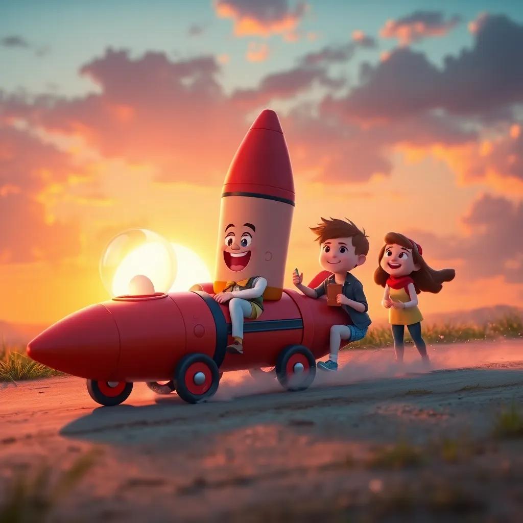 Coqui the toy rocket and friends returning home, excited and happy, with the backdrop of a beautiful sunset, sharing stories about their adventure, heartwarming scene, soft colors, cheerful ambiance, high quality