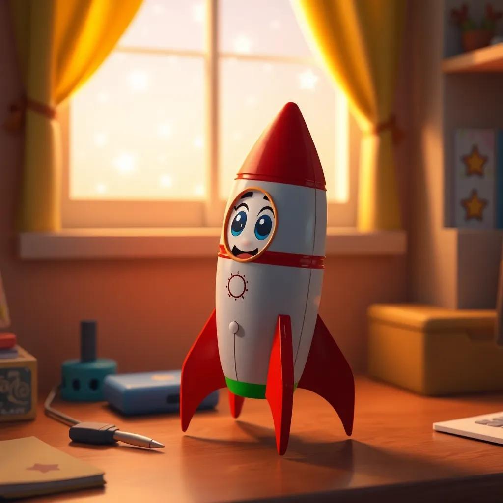 A small toy rocket, looking excited and dreamy, sitting on a child's desk next to a window with stars outside, cozy room, digital art, colorful and cheerful, friendly atmosphere, high quality