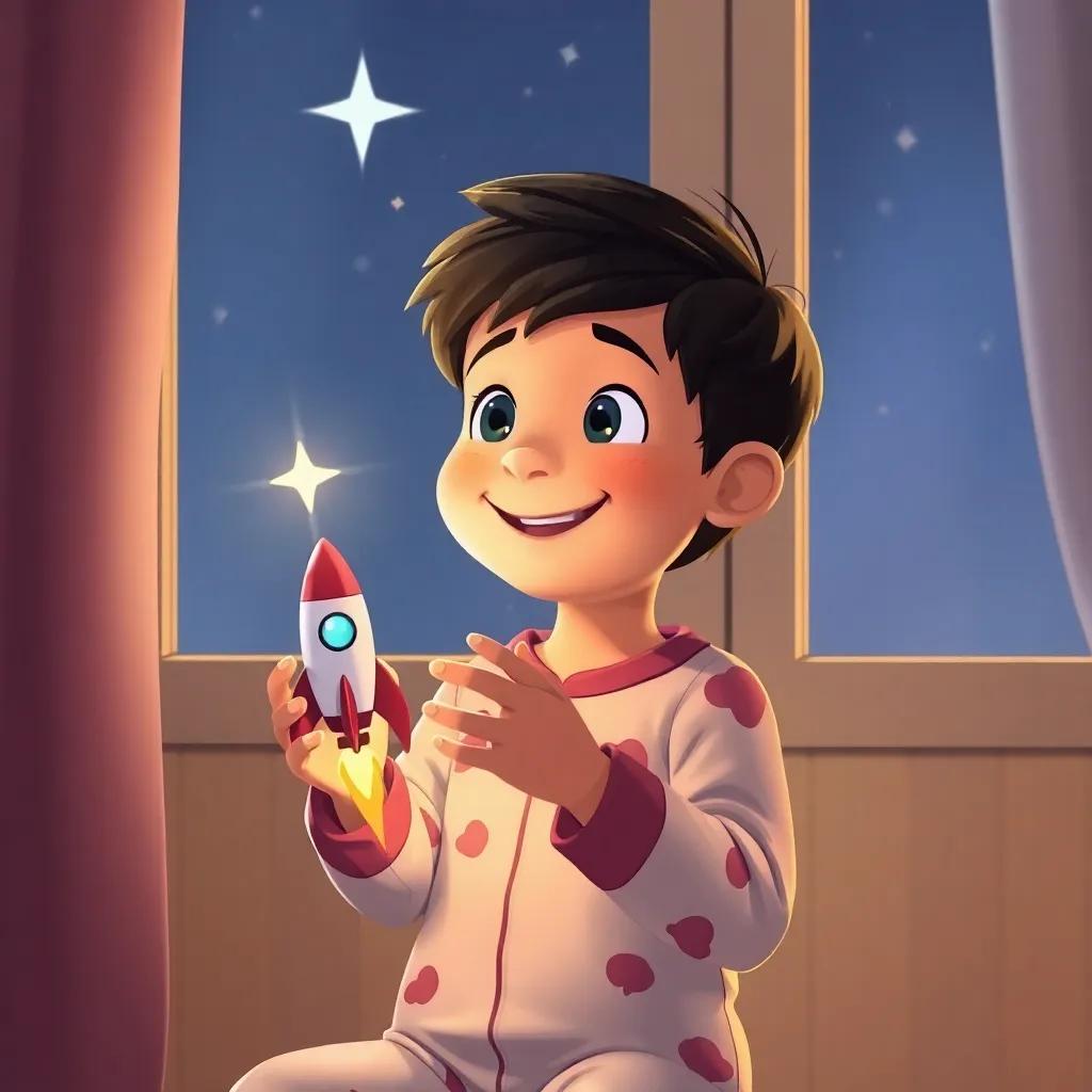 A boy, Pablo, with short hair wearing pajamas, holding a small toy rocket in his hands, smiling and looking at a bright star outside the window, digital illustration, warm colors, joyful mood, high quality