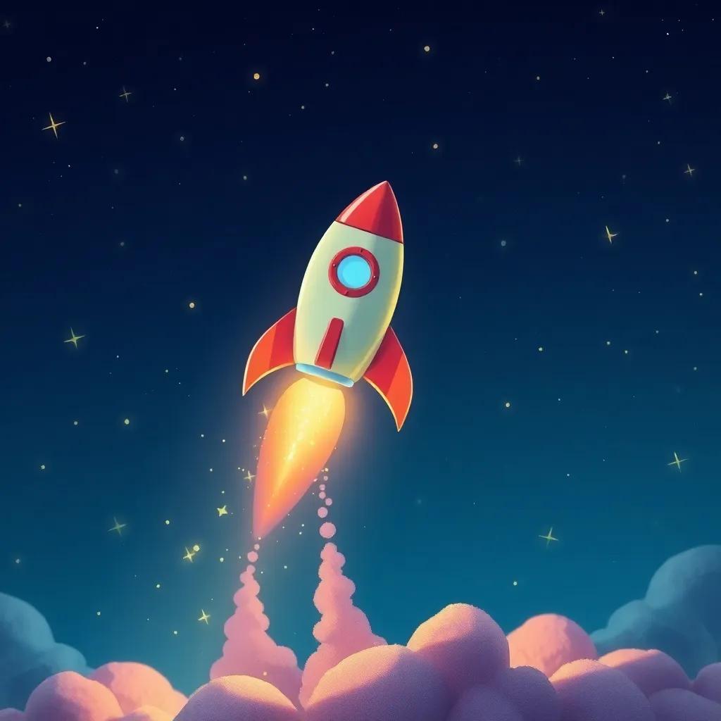 A vibrant illustration of the toy rocket blasting off into the night sky, with a trail of sparkles behind it, stars twinkling all around, dynamic and adventurous, digital art, high quality