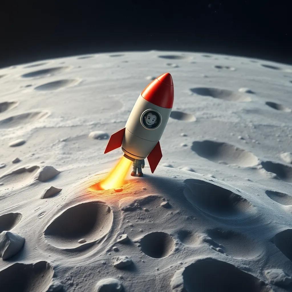 The toy rocket landing gently on the moon's surface, surrounded by gray dust and large craters, Pablo happily exploring with a smile, surreal and magical scene, detailed digital art, high quality