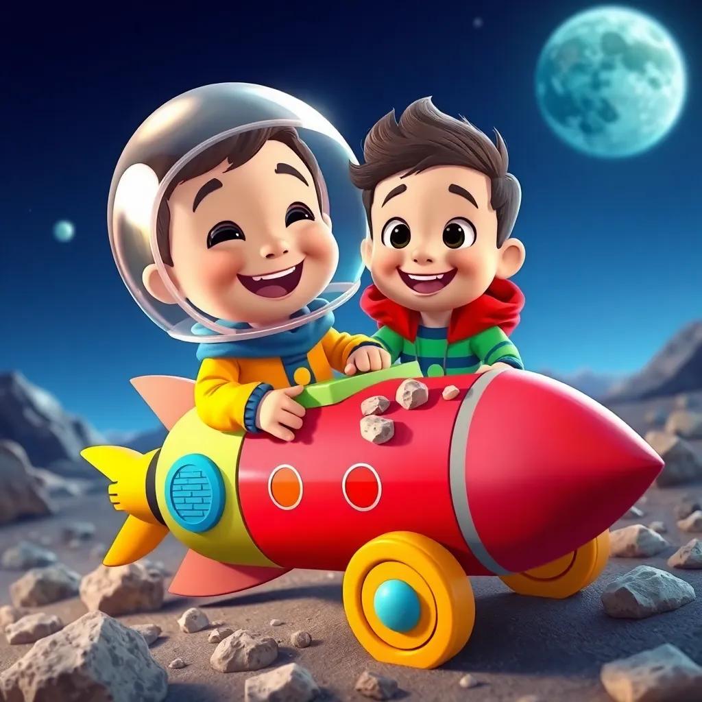 Pablo and the toy rocket collecting small moon rocks with big smiles, the earth visible in the background, joyful exploration scene, vibrant colors, digital illustration, high quality