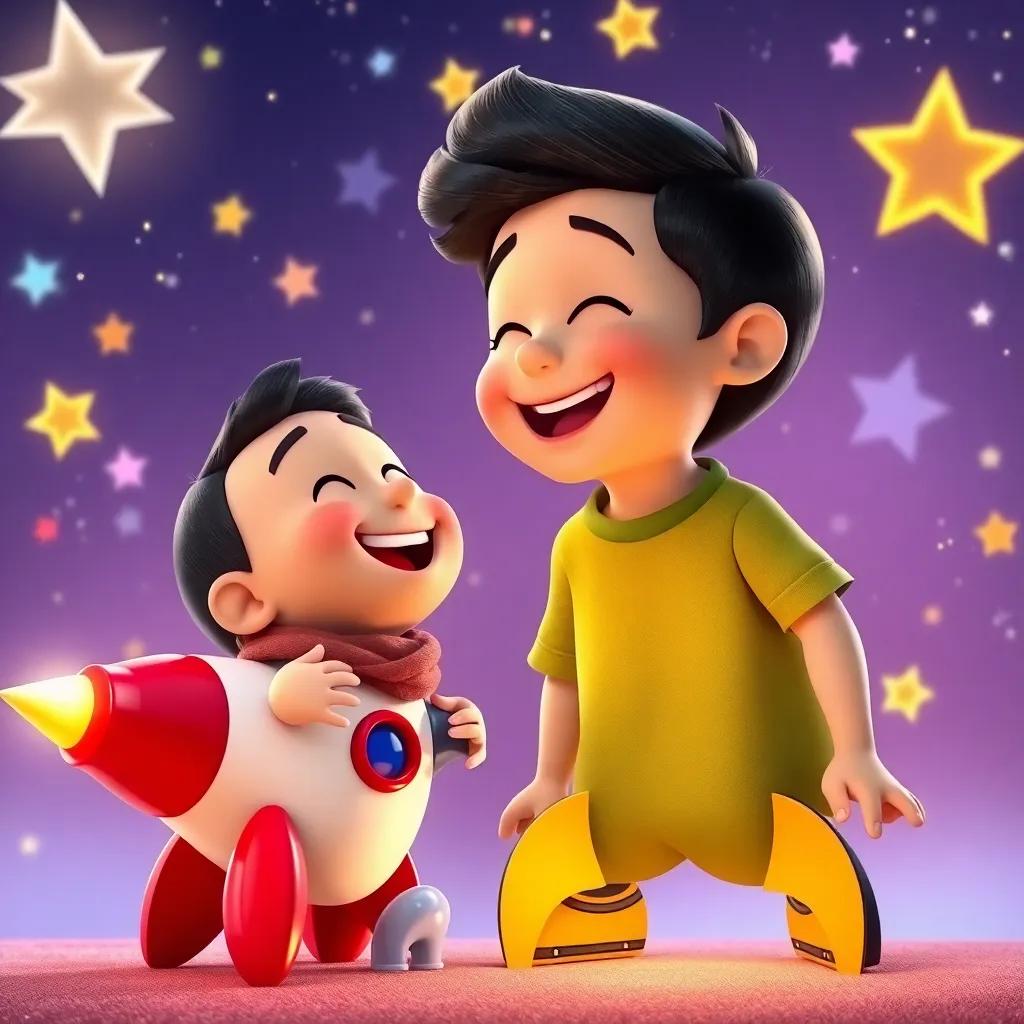 Pablo and the toy rocket sharing a laugh while looking at bright and colorful stars in the sky, a sense of wonder and friendship, whimsical style, digital art, high quality