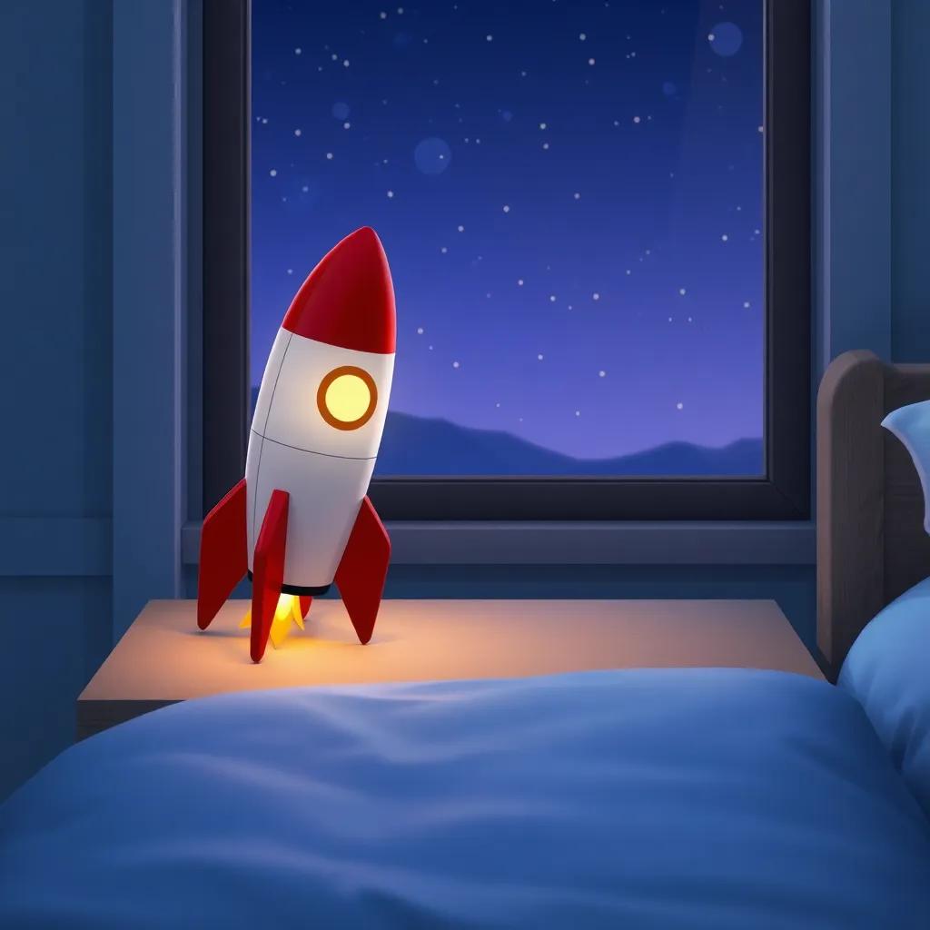 The toy rocket sleeping on the nightstand, with tiny stars twinkling in the night sky outside, peaceful and serene atmosphere, detailed digital art, high quality