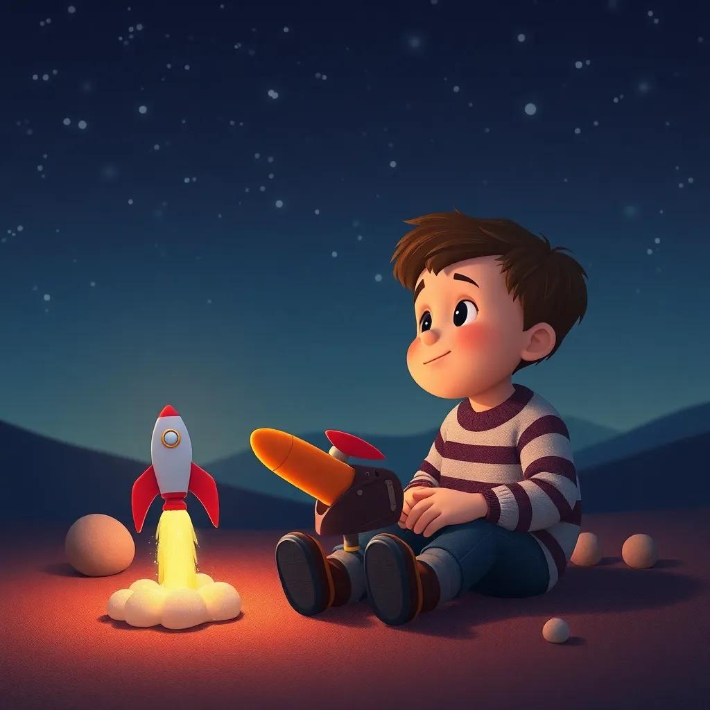 A nighttime scene showing a little boy and his toy rocket dreaming of future space adventures together, warm and inviting colors, whimsical layout, digital art, high quality