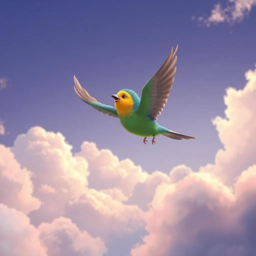 Un pájaro colorido volando, rodeado de nubes, Draki mirando con admiración desde el suelo, estilo ilustración, vibrante, feliz, perspectiva animada, alta calidad