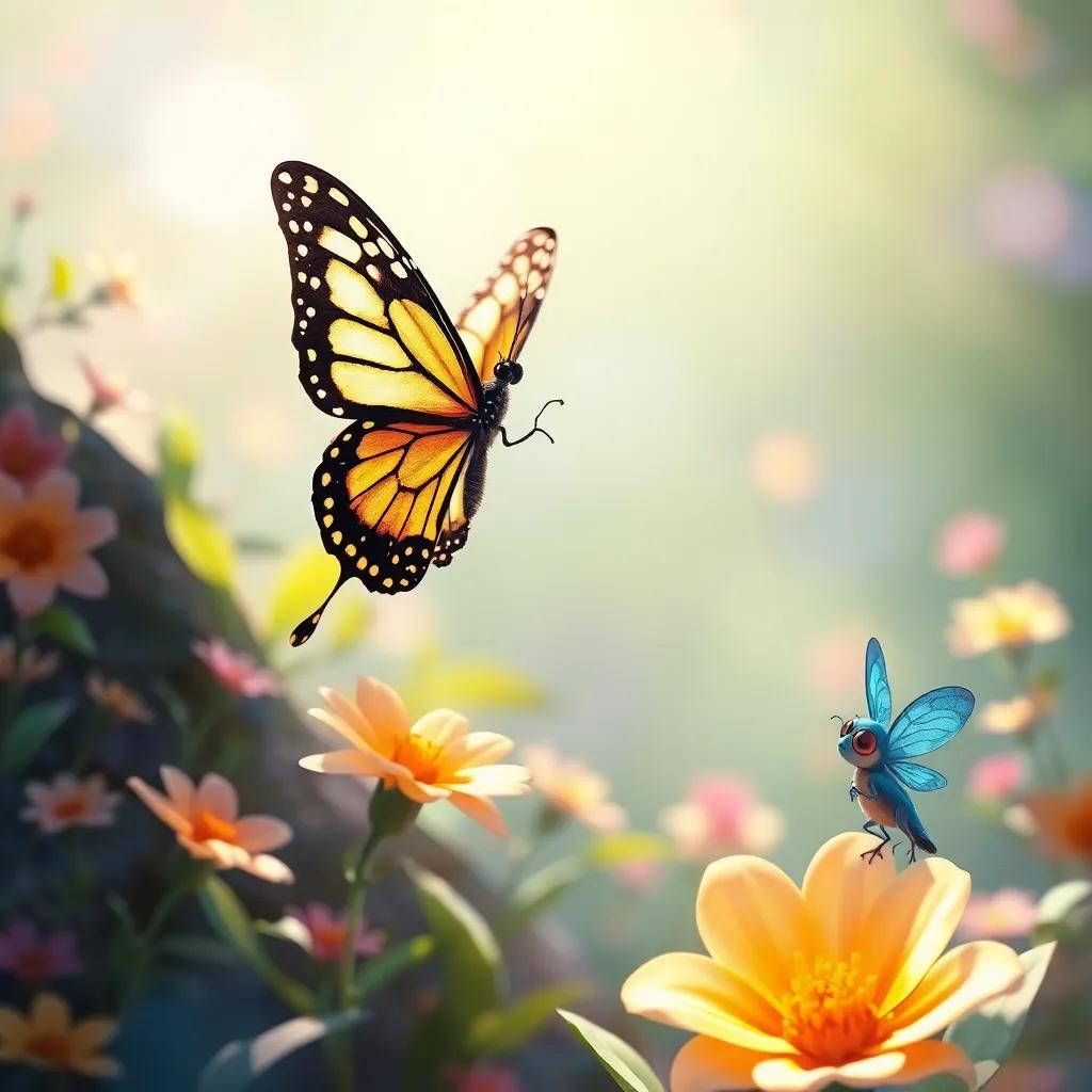 Una mariposa danzando en el aire, Draki observándola con curiosidad, flores coloridas alrededor, iluminación brillante, ambiente alegre, digital painting, calidad alta