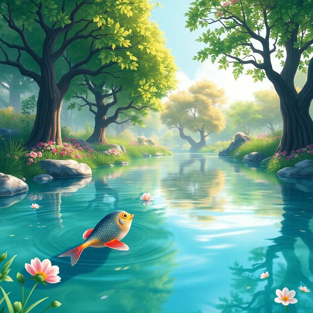 Un pez nadando en un río claro, Draki en la orilla mirando con interés, paisaje hermoso con árboles y flores, ilustración amigable, llena de vida, calidad alta