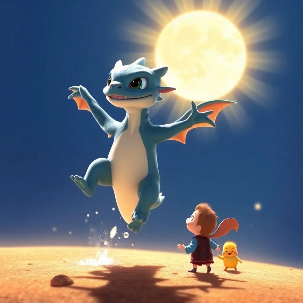 Draki practicando sus saltos, con sus alas extendidas, intentando volar, amigos en el suelo animándolo, escena vibrante, luz del sol brillando, ilustración, detalles coloridos