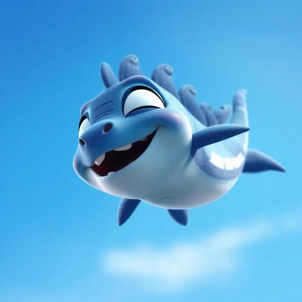 Draki ahora flotando en el aire, sonriendo mientras mira hacia abajo a sus amigos, un bello cielo azul de fondo, estilo digital art, colorido y alegre, calidad alta