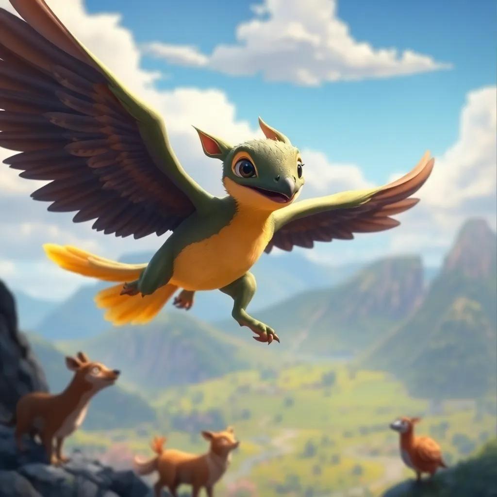 Draki volando con confianza, haciendo giros en el aire, un paisaje hermoso abajo, otros animales mirándolo con admiración, ilustración mágica, colores vibrantes, alta calidad