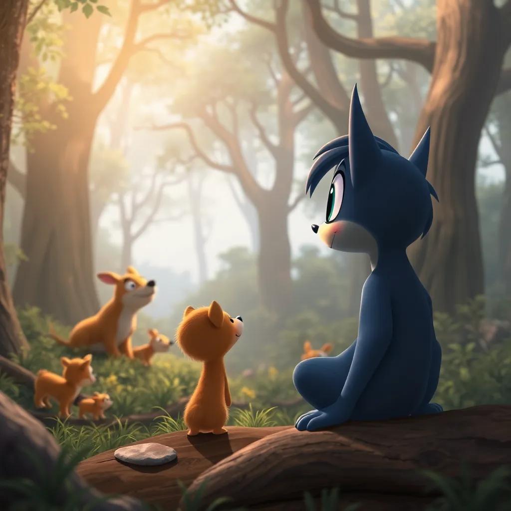Draki observando a los animales en el bosque, todos explorando su propio ritmo, con una atmósfera de amistad, luz cálida, ilustración amigable, calidad alta
