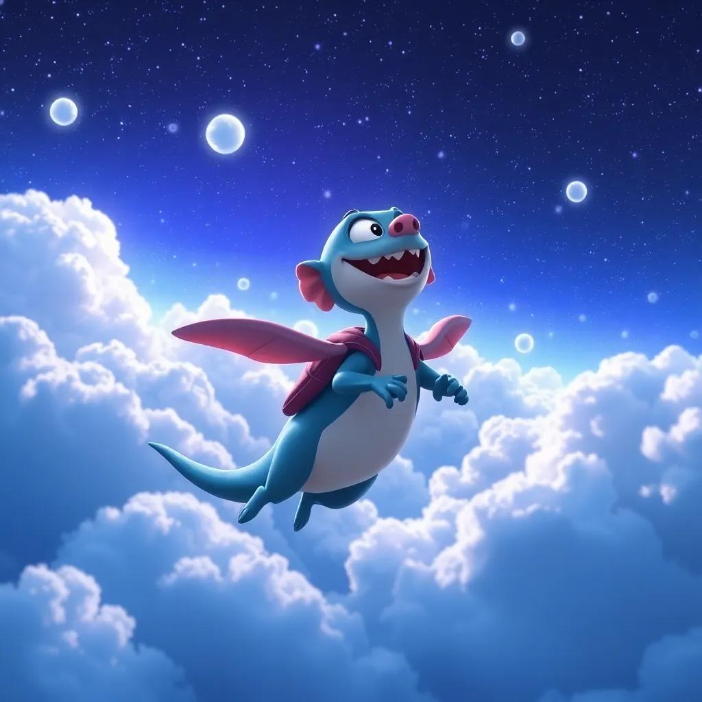 Draki disfrutando de su vuelo, sintiéndose libre, con un cielo brillante lleno de nubes, feliz, ilustración de ensueño, estilo amigable, calidad alta