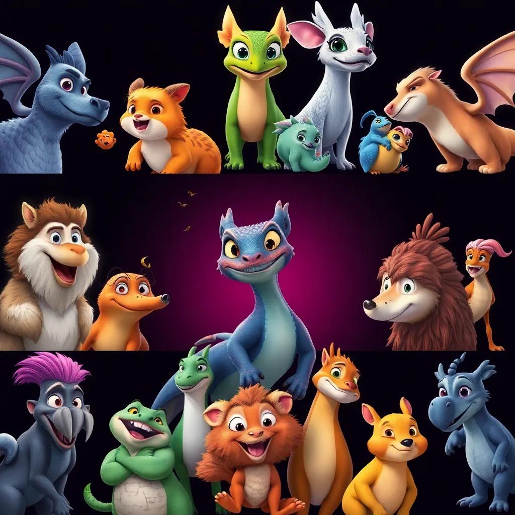 Un collage de todos los animales que ayudaron a Draki, cada uno mostrando su propio estilo, con el dragón en el centro sonriendo, ilustración vibrante, colorido y alegre, alta calidad