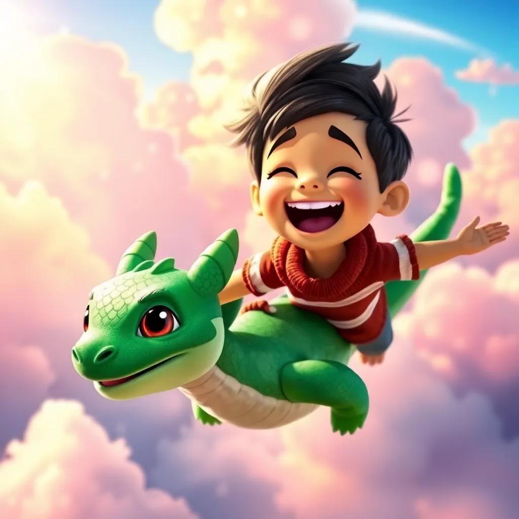Flama, the little dragon with bright green scales, flying in the sky with a joyful boy named Pablo, both laughing together, colorful clouds in the background, fantasy style, bright sunlight, adventure theme, digital painting