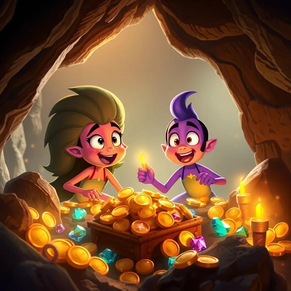 Flama and Pablo discovering an ancient treasure in a deep cave with shimmering gold coins and bright jewels, excitement on their faces, magical atmosphere, warm glowing light, detailed illustration