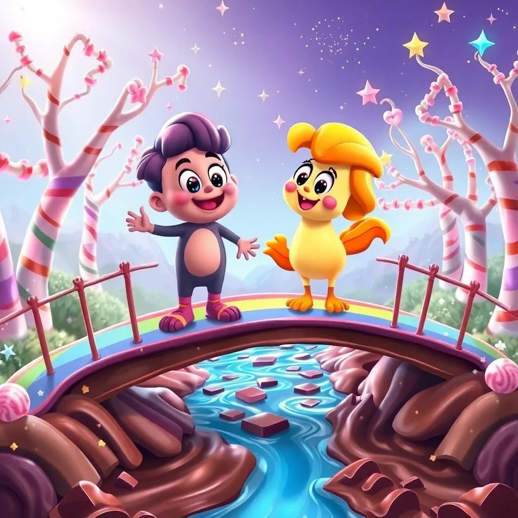 Pablo and Flama crossing a rainbow bridge over a river of chocolate, with wide smiles, surrounded by candy trees and stars, whimsical colors, enchanting scene, high-quality digital art