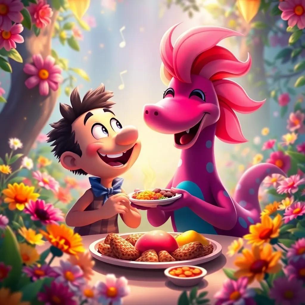 Pablo and Flama celebrating in a magical garden filled with brightly colored flowers and singing melodies, sharing a feast with joy on their faces, warm light, fairy tale setting, vibrant illustration