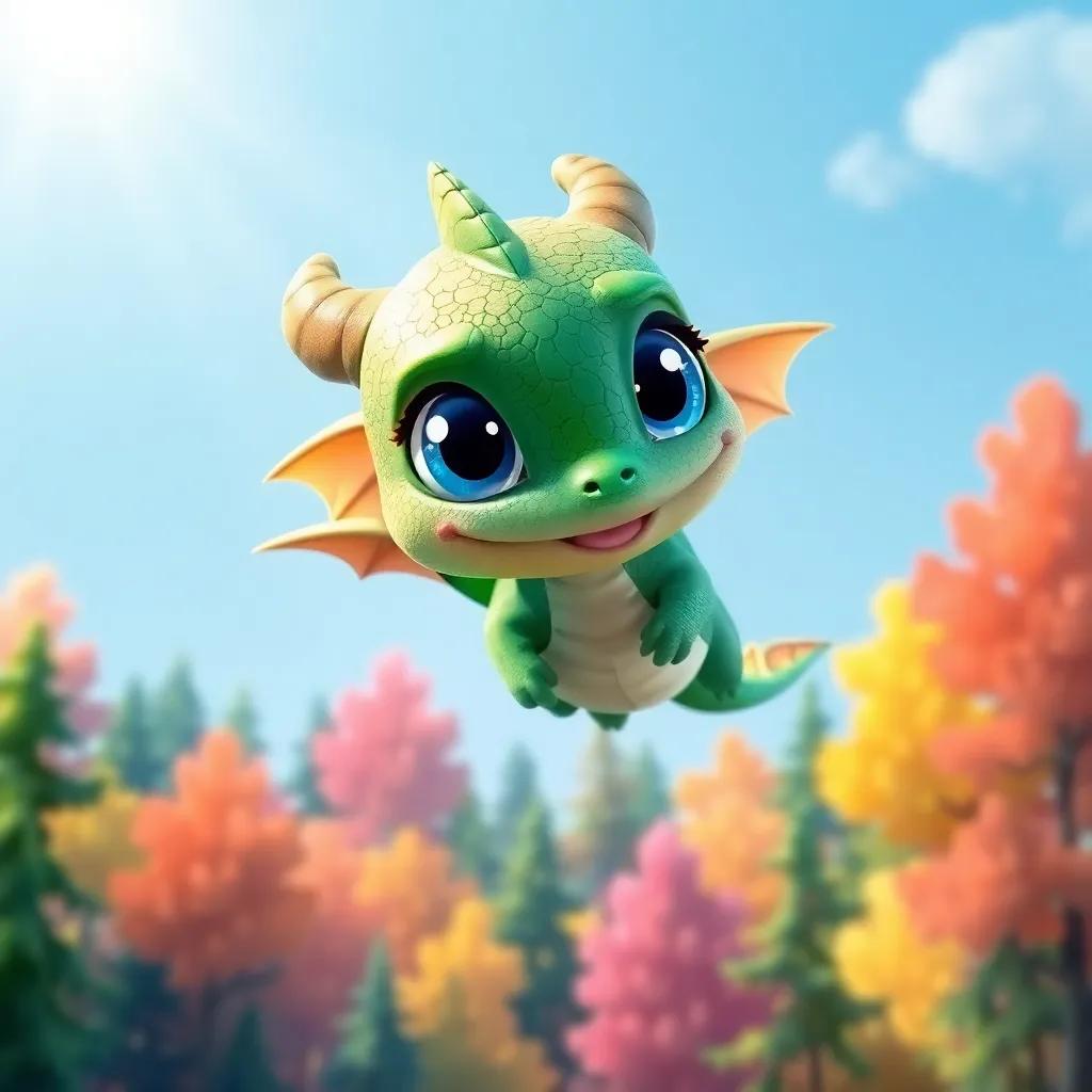 A small cute dragon named Draki with green scales and big blue eyes, flying over a colorful forest with tall trees, shiny sunlight, digital art, cheerful atmosphere, vibrant colors, high quality