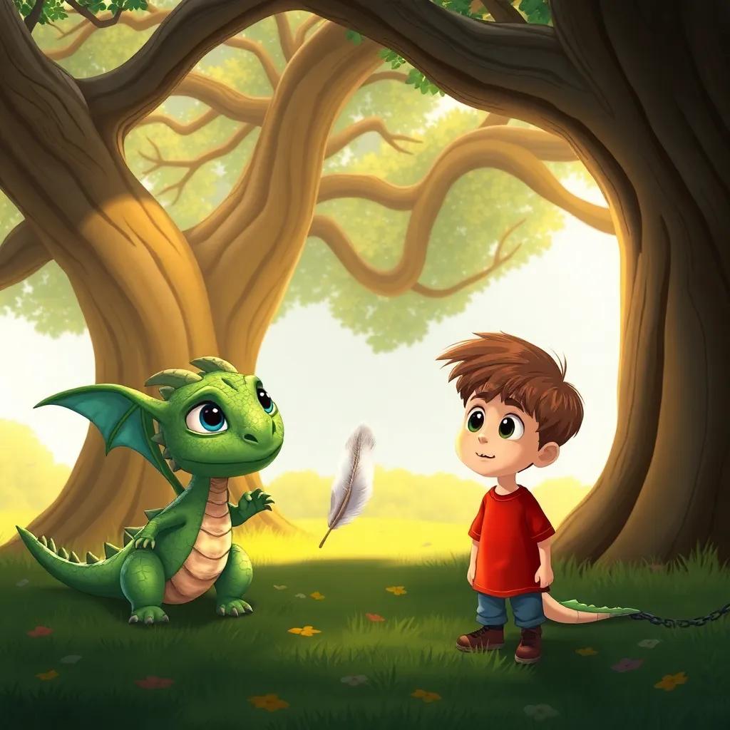 Draki, the small dragon with green scales and big blue eyes, dropping a shiny dragon feather near a boy named Lucas, who has short brown hair and is wearing a red shirt, surprised expression, beneath a big old tree, illustration, warm light, inviting scene, child-friendly