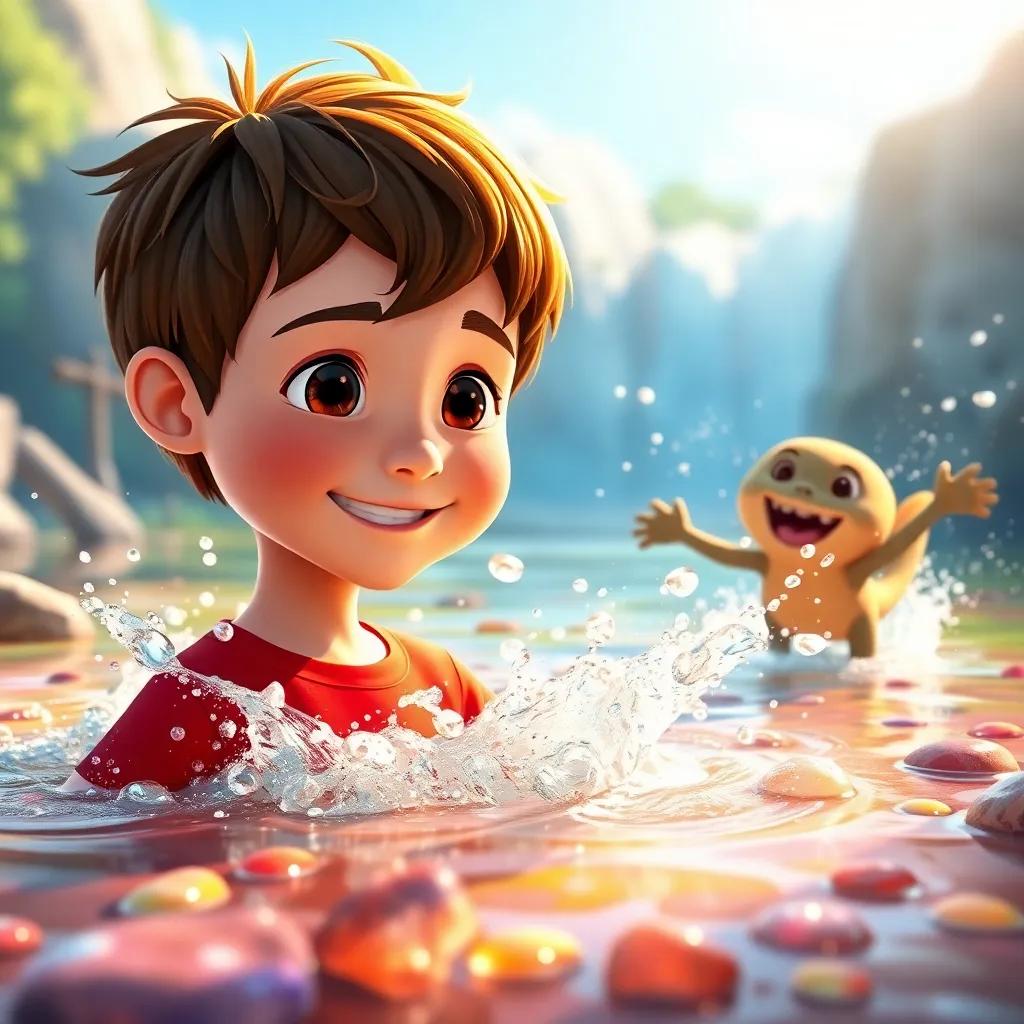 Lucas, a boy with short brown hair wearing a red shirt, splashing in a magical river with Draki, who is joyfully splashing water, colorful stones at the bottom of the river, dazzling sunlight, cheerful, childhood joy, bright colors