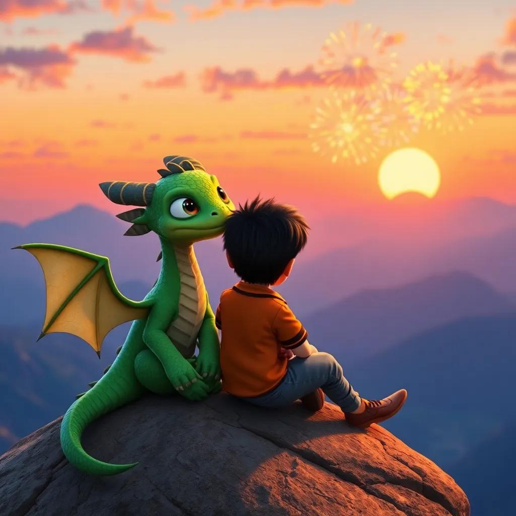 Draki, the small dragon with green scales, and Lucas, sitting on a mountain top, watching the sunset, colorful fireworks from the dragon's breath lighting up the sky, both laughing, beautiful landscape, warm colors, heartwarming view, high quality