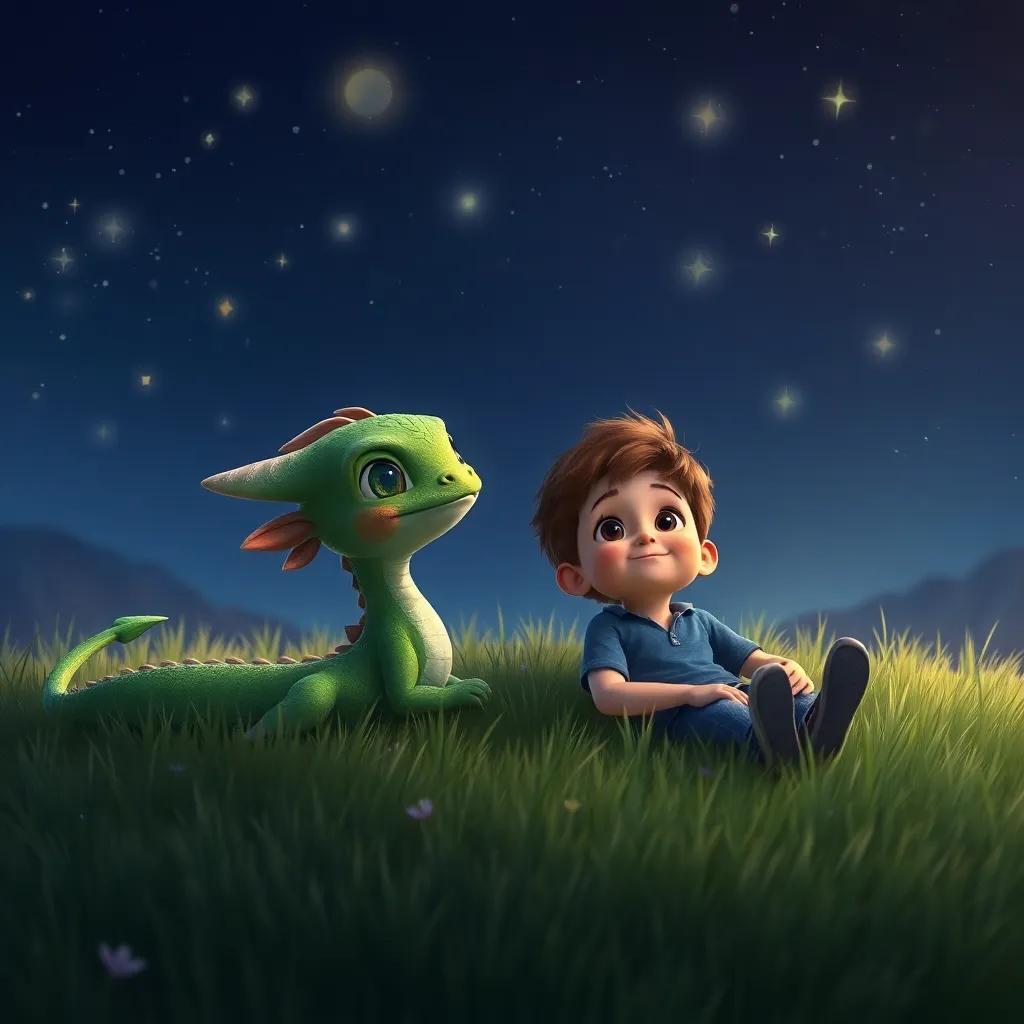 Draki, the small dragon with green scales, and Lucas, lying on the grass watching the stars at night, gentle glow from the stars, peaceful atmosphere, friendship, rich colors, uplifting scene, digital painting