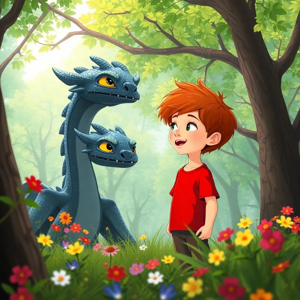 Un niño llamado Lucas, con cabello castaño y camiseta roja, sonriendo mientras observa al dragón Draco en el bosque, rodeados de árboles verdes y flores coloridas, ilustración colorida, ambiente feliz, enfoque nítido, arte digital.