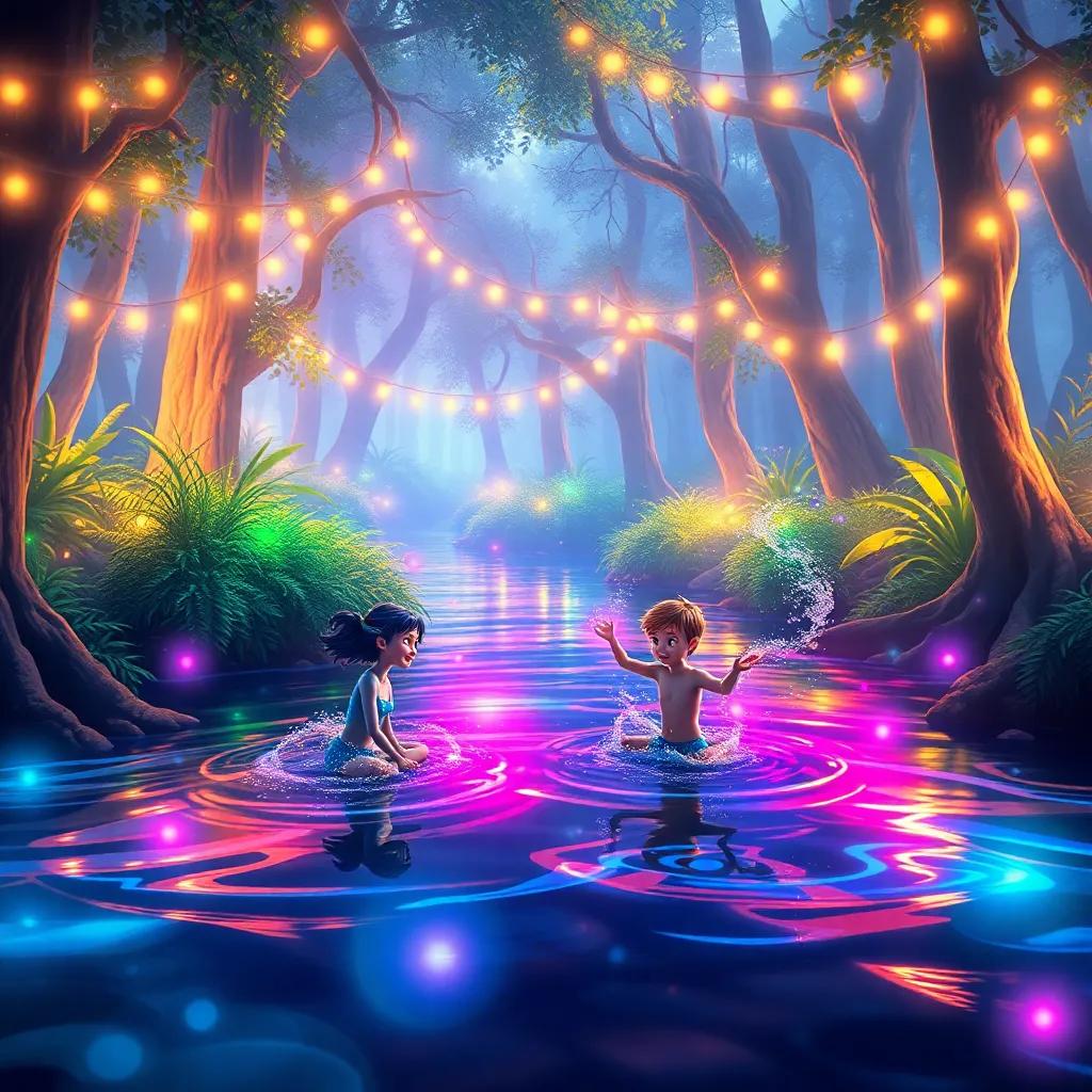 Un arroyo mágico en un bosque, iluminado por colores brillantes, con Draco y Lucas nadando y jugando, creando burbujas de agua, digital painting, atmósfera festiva, colores vibrantes, arte encantador.