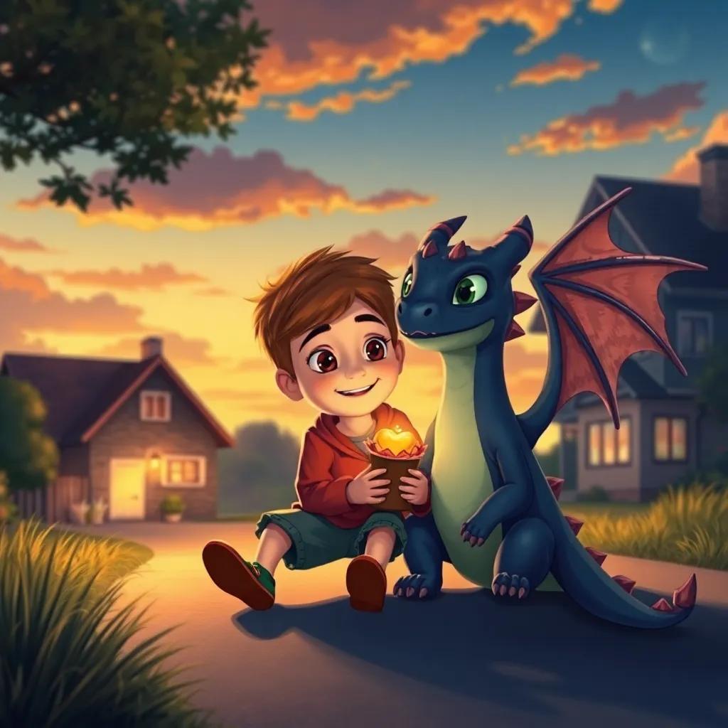Lucas y Draco regresando a casa al atardecer, con sonrisas en sus rostros y el tesoro entre ellos, disfrutando de su amistad al fondo un cielo anaranjado, digital art, cálido y acogedor, ilustración entrañable.