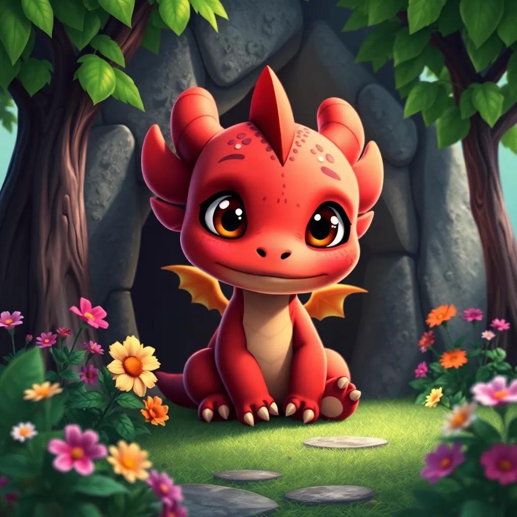 A little dragon, Dimi, looking sad with big, friendly eyes, sitting outside his cave surrounded by lush green trees and colorful flowers, digital art, bright and cheerful colors, inviting atmosphere, high quality