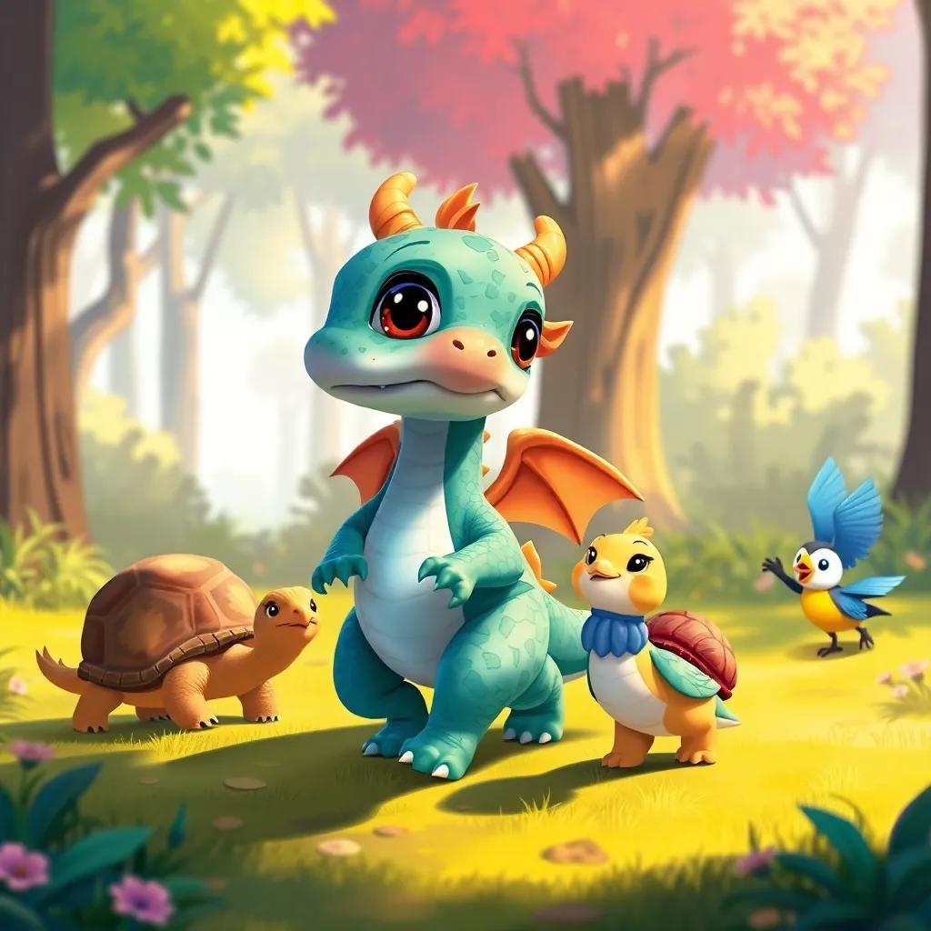 Dimi, a little dragon, with tiny wings and soft scales, walking with a cheerful turtle, a playful rabbit, and a small colorful bird in a sunny forest, illustration, vibrant and warm, adventure theme, high quality